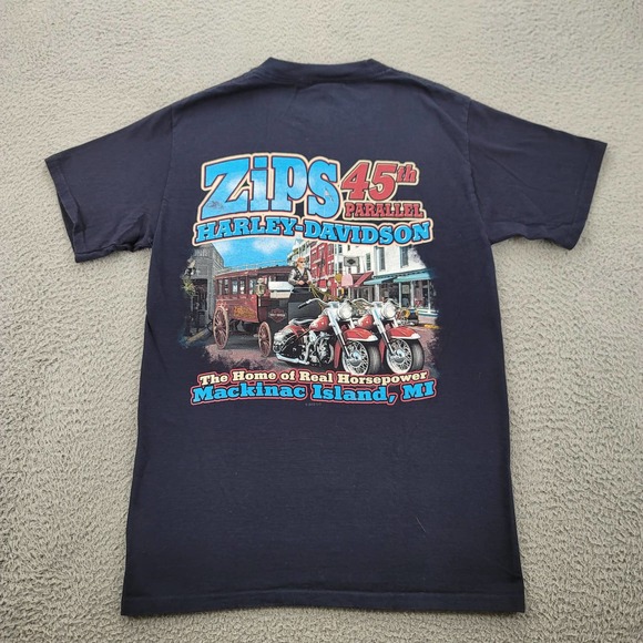 Harley Davidson‎ Shirt Mens Small Hanes Beefy T Blue Zips 45th Parallel Pocket - Picture 5 of 16